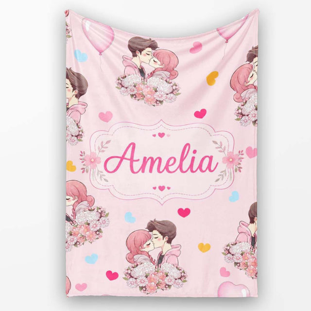 Cute Valentines Couple Kissing Floral Hearts Balloon Pink  Personalised Custom Name Super Soft Fleece Blanket Bed Sofa Throw