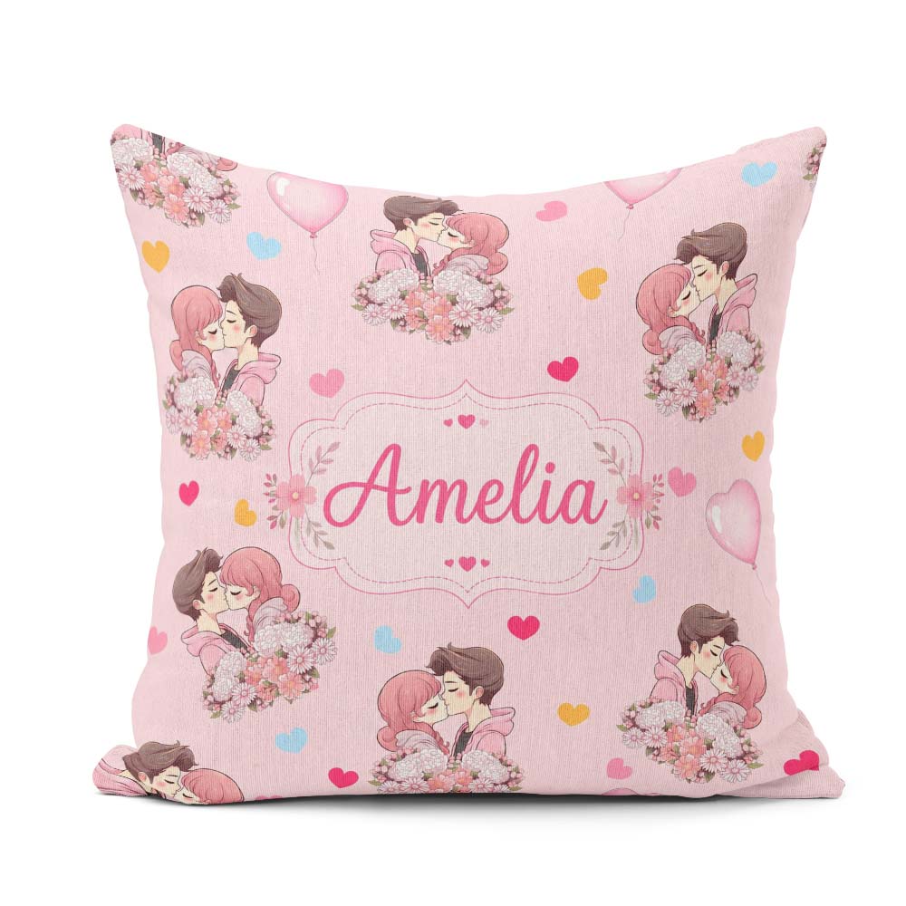Custom Name Valentines Couple Kissing Floral Hearts Balloon Pink Square Filled Cushion Throw Pillow Sofa Bed Home Decor Zip Washable UK Made