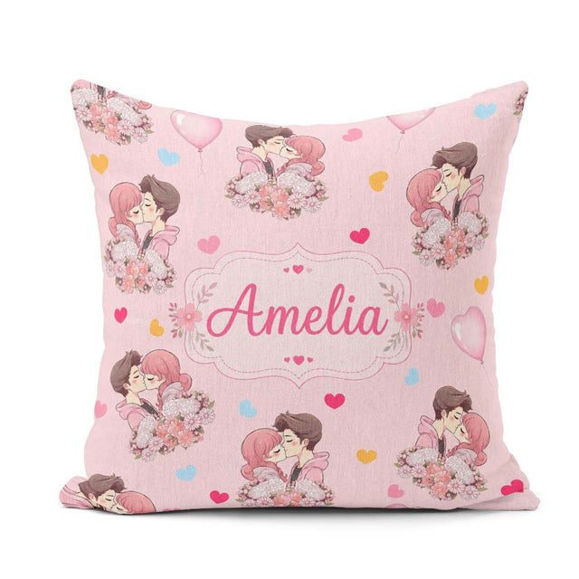 Custom Name Valentines Couple Kissing Floral Hearts Balloon Pink Square Filled Cushion Throw Pillow Sofa Bed Home Decor Zip Washable UK Made