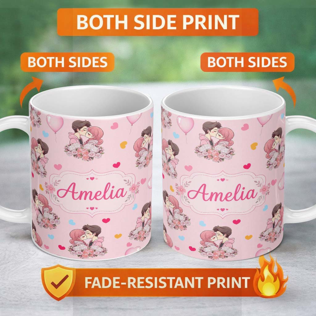 Personalized Custom Name Cute Valentines Couple Kissing Floral Hearts Balloon Pink 11oz Ceramic Coffee Tea Mug White Large Handle