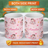 Personalized Custom Name Cute Valentines Couple Kissing Floral Hearts Balloon Pink 11oz Ceramic Coffee Tea Mug White Large Handle