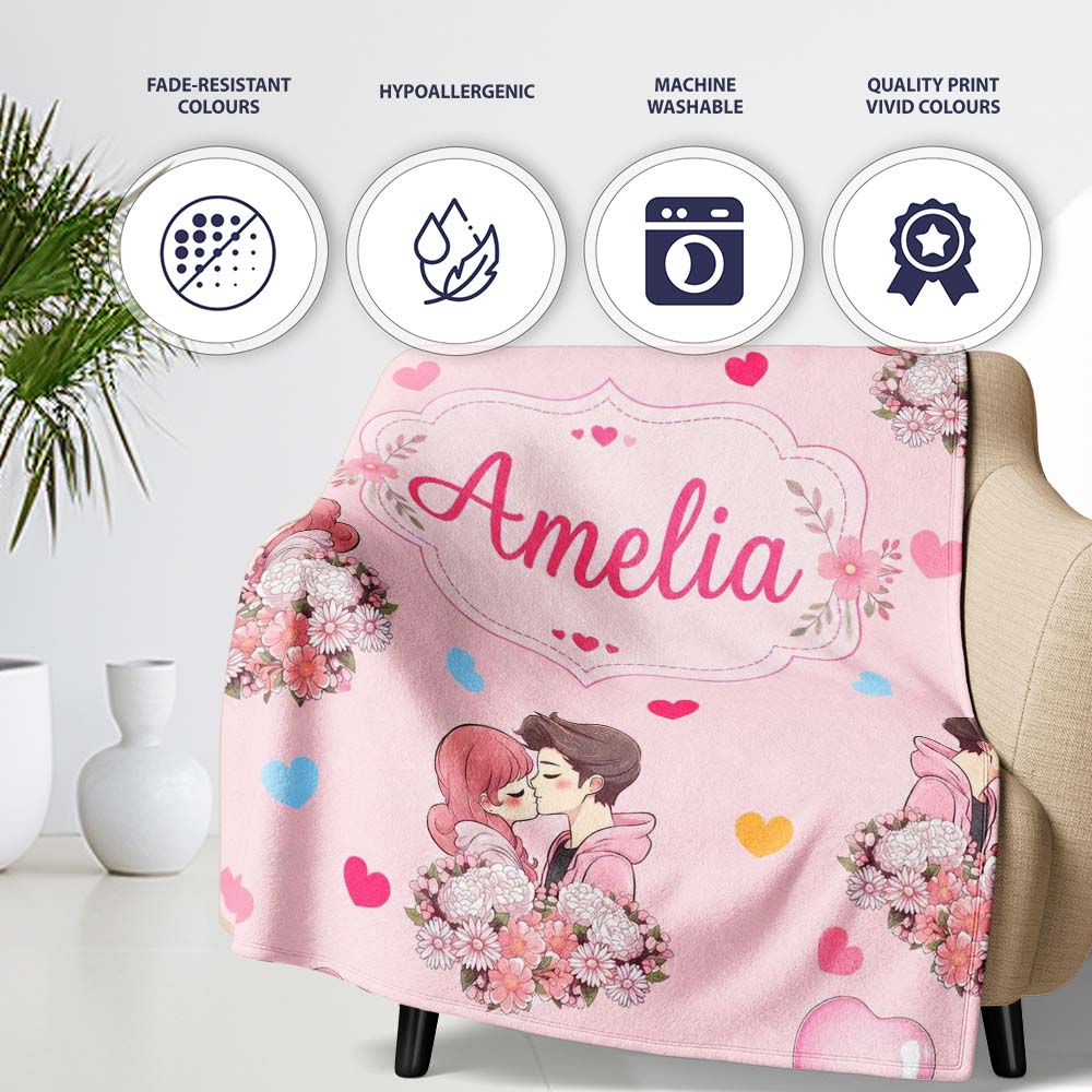 Cute Valentines Couple Kissing Floral Hearts Balloon Pink  Personalised Custom Name Super Soft Fleece Blanket Bed Sofa Throw