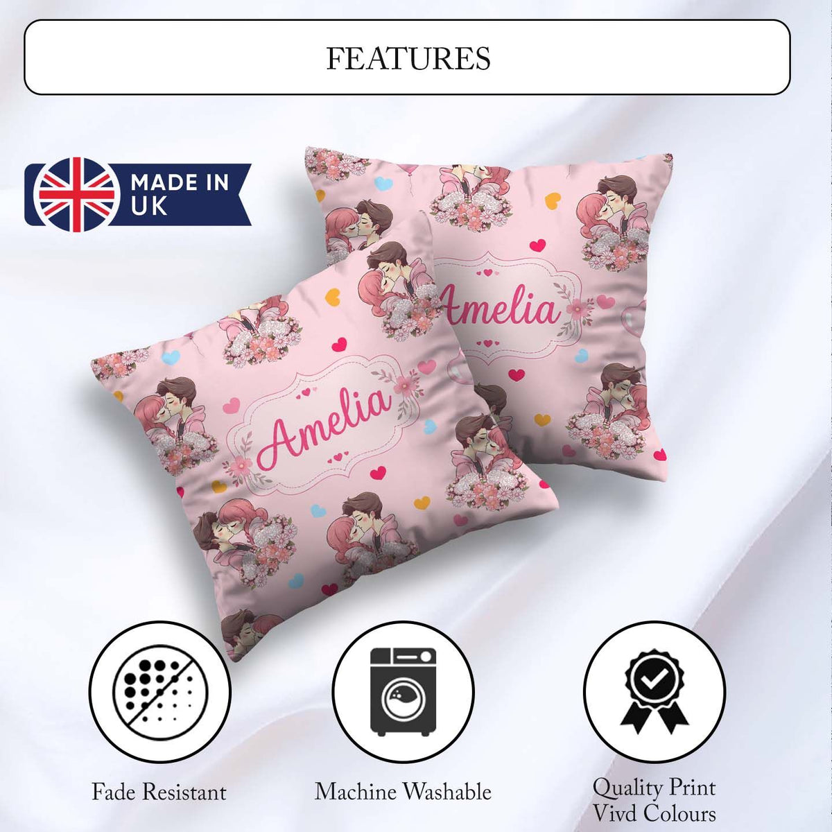 Custom Name Valentines Couple Kissing Floral Hearts Balloon Pink Square Filled Cushion Throw Pillow Sofa Bed Home Decor Zip Washable UK Made