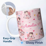Personalized Custom Name Cute Valentines Couple Kissing Floral Hearts Balloon Pink 11oz Ceramic Coffee Tea Mug White Large Handle