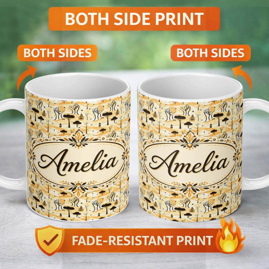 Personalized Custom Name Minimalist African Savanna Pattern with Trees Wildlife and Village 11oz Ceramic Coffee Tea Mug White Large Handle