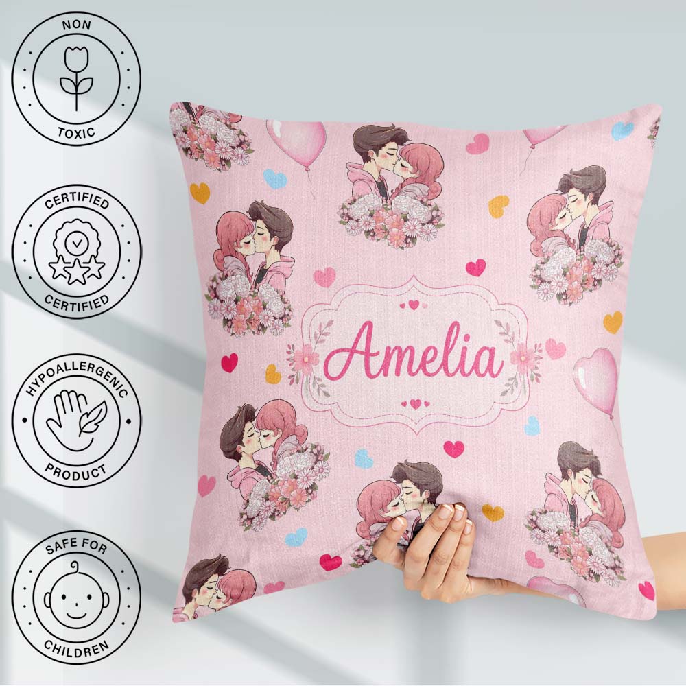 Custom Name Valentines Couple Kissing Floral Hearts Balloon Pink Square Filled Cushion Throw Pillow Sofa Bed Home Decor Zip Washable UK Made