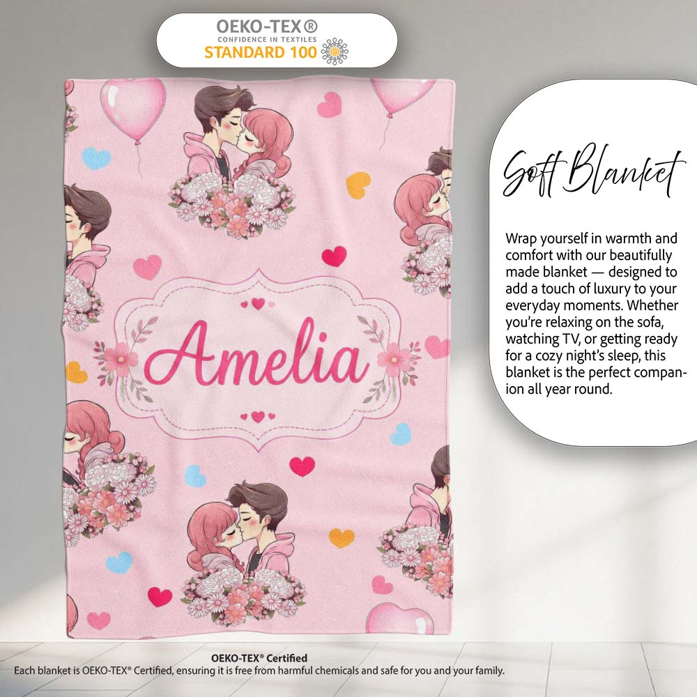 Cute Valentines Couple Kissing Floral Hearts Balloon Pink  Personalised Custom Name Super Soft Fleece Blanket Bed Sofa Throw