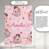 Cute Valentines Couple Kissing Floral Hearts Balloon Pink  Personalised Custom Name Super Soft Fleece Blanket Bed Sofa Throw