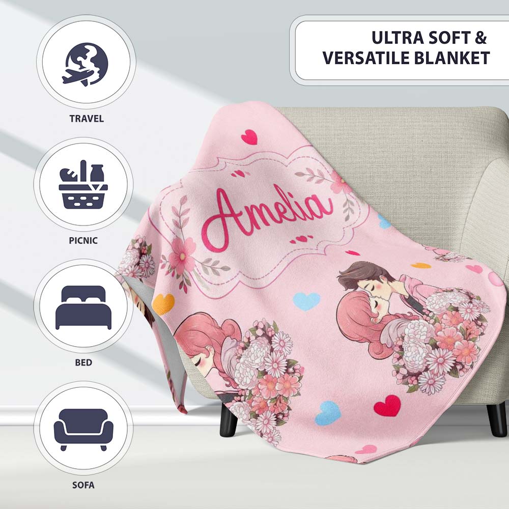 Cute Valentines Couple Kissing Floral Hearts Balloon Pink  Personalised Custom Name Super Soft Fleece Blanket Bed Sofa Throw