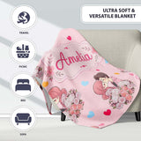 Cute Valentines Couple Kissing Floral Hearts Balloon Pink  Personalised Custom Name Super Soft Fleece Blanket Bed Sofa Throw