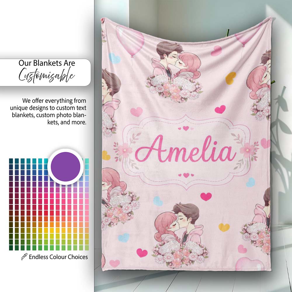 Cute Valentines Couple Kissing Floral Hearts Balloon Pink  Personalised Custom Name Super Soft Fleece Blanket Bed Sofa Throw