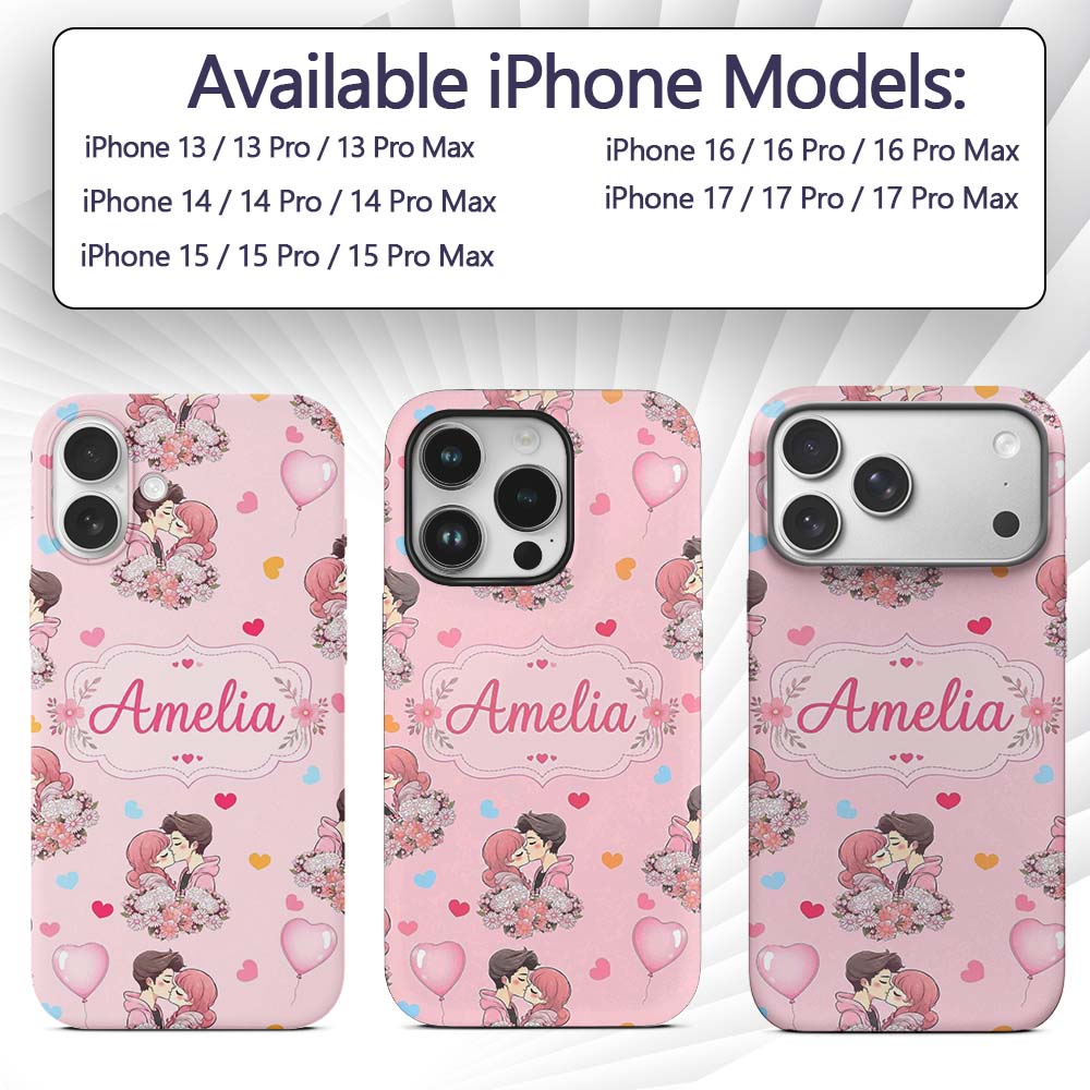 Cute Valentines Couple Kissing Floral Hearts Custom Name Protective Phone Case Mobile Cover Durable Everyday Smartphone Shock Resistant