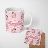 Personalized Custom Name Cute Valentines Couple Kissing Floral Hearts Balloon Light Pink 11oz Ceramic Coffee Tea Mug White Large Handle