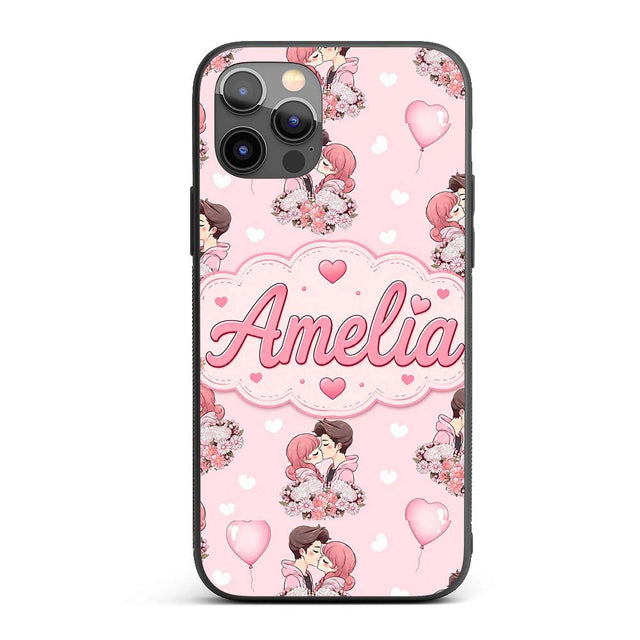 Cute Valentines Couple Kissing Floral Hearts Custom Name Protective Phone Case Mobile Cover Durable Everyday Smartphone Shock Resistant