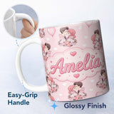 Personalized Custom Name Cute Valentines Couple Kissing Floral Hearts Balloon Light Pink 11oz Ceramic Coffee Tea Mug White Large Handle