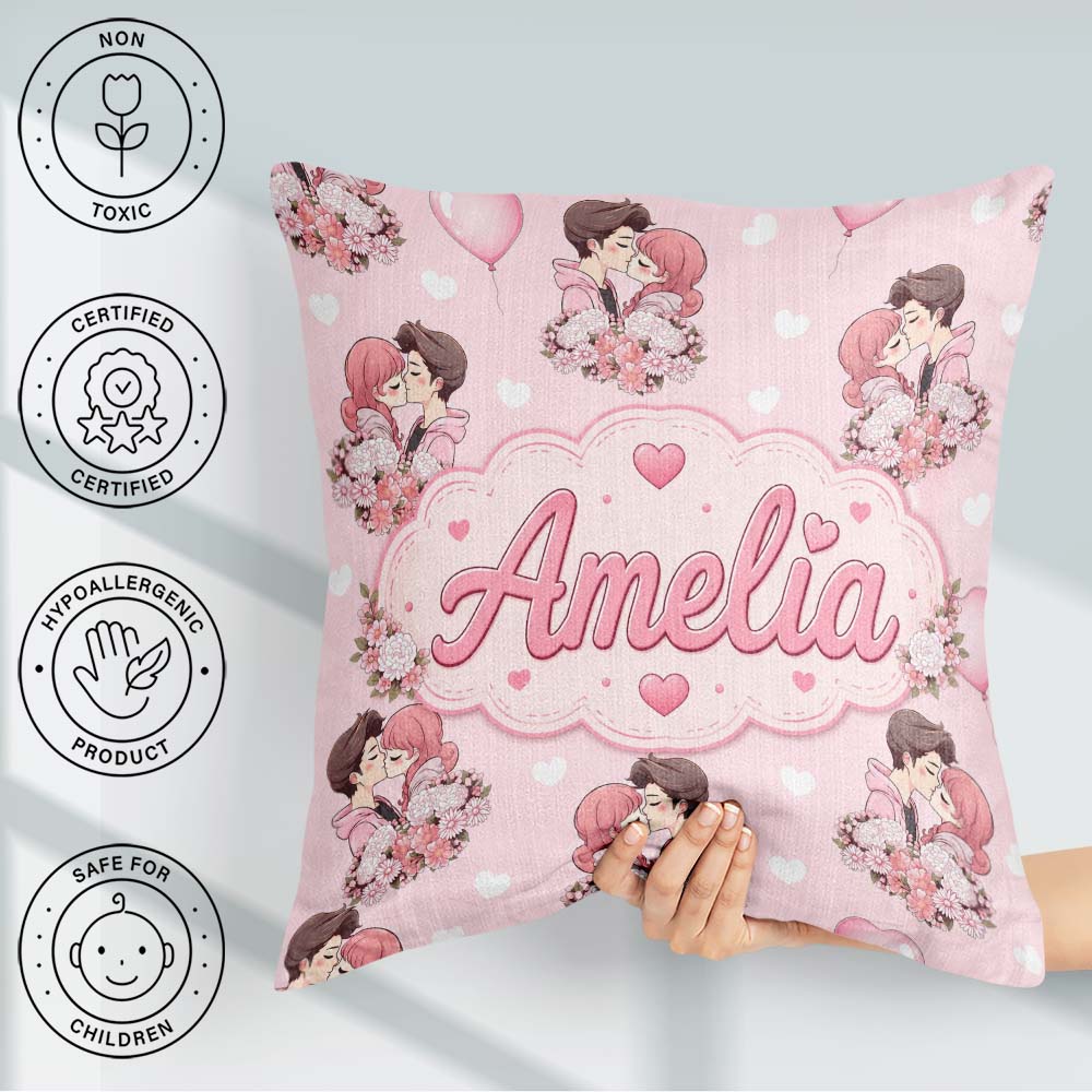 Custom Name Cute Couple Kissing Floral Hearts Balloon Light Pink Square Filled Cushion Throw Pillow Sofa Bed Home Decor Zip Washable UK Made
