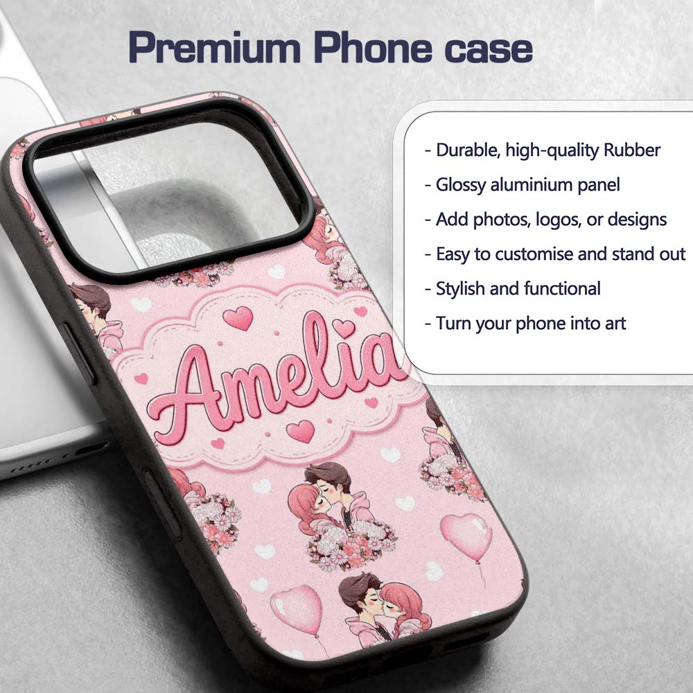 Cute Valentines Couple Kissing Floral Hearts Custom Name Protective Phone Case Mobile Cover Durable Everyday Smartphone Shock Resistant