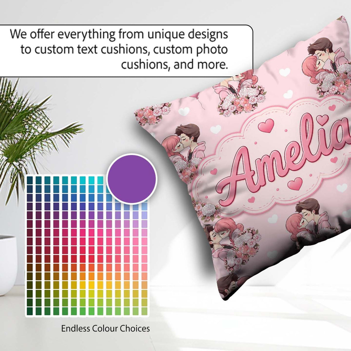 Custom Name Cute Couple Kissing Floral Hearts Balloon Light Pink Square Filled Cushion Throw Pillow Sofa Bed Home Decor Zip Washable UK Made