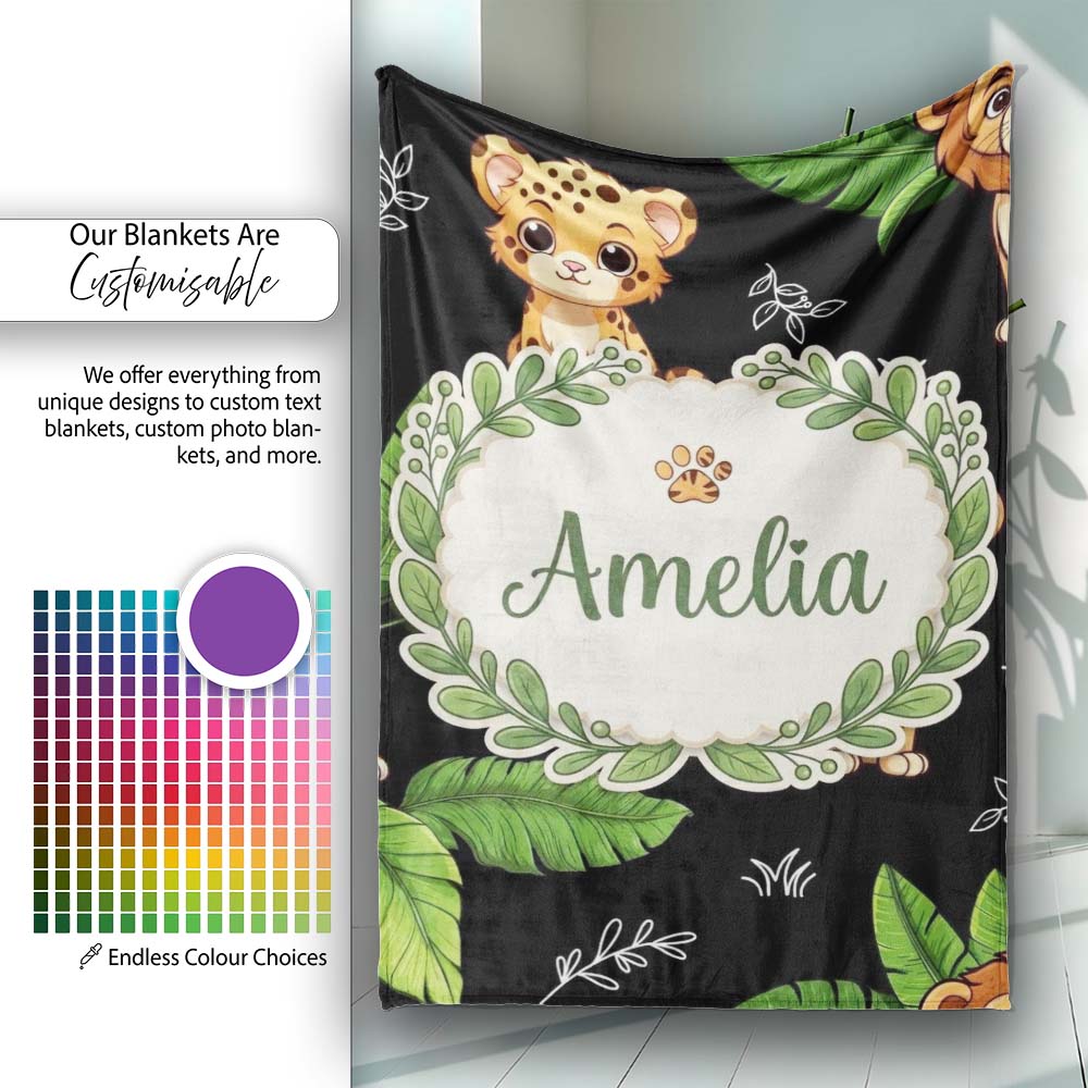 Cute Jungle Animals Dark Background Seamless Pattern Lovely  Personalised Custom Name Super Soft Fleece Blanket Bed Sofa Throw