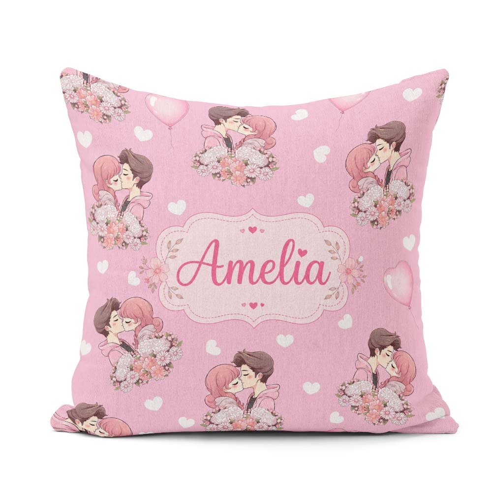 Custom Name Cute Couple Kissing Floral Hearts Balloon Soft Pink Square Filled Cushion Throw Pillow Sofa Bed Home Decor Zip Washable UK Made