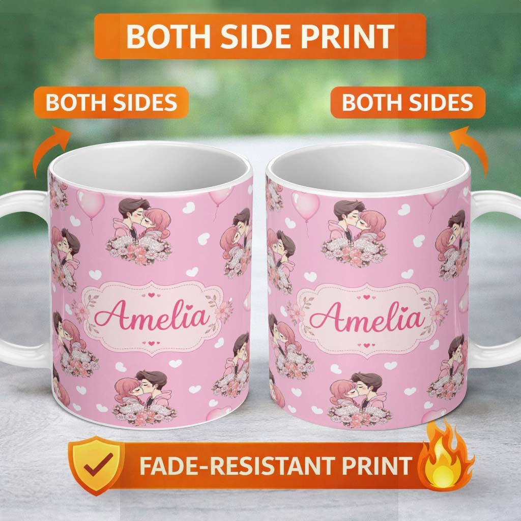 Personalized Custom Name Cute Valentines Couple Kissing Floral Hearts Balloon Soft Pink 11oz Ceramic Coffee Tea Mug White Large Handle