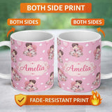 Personalized Custom Name Cute Valentines Couple Kissing Floral Hearts Balloon Soft Pink 11oz Ceramic Coffee Tea Mug White Large Handle