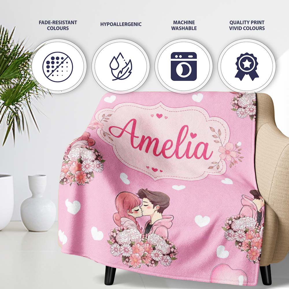 Cute Valentines Couple Kissing Floral Hearts Balloon Soft Pink  Personalised Custom Name Super Soft Fleece Blanket Bed Sofa Throw