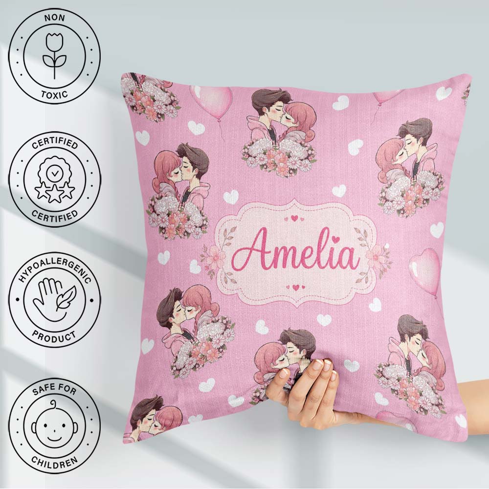 Custom Name Cute Couple Kissing Floral Hearts Balloon Soft Pink Square Filled Cushion Throw Pillow Sofa Bed Home Decor Zip Washable UK Made