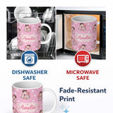 Personalized Custom Name Cute Valentines Couple Kissing Floral Hearts Balloon Soft Pink 11oz Ceramic Coffee Tea Mug White Large Handle
