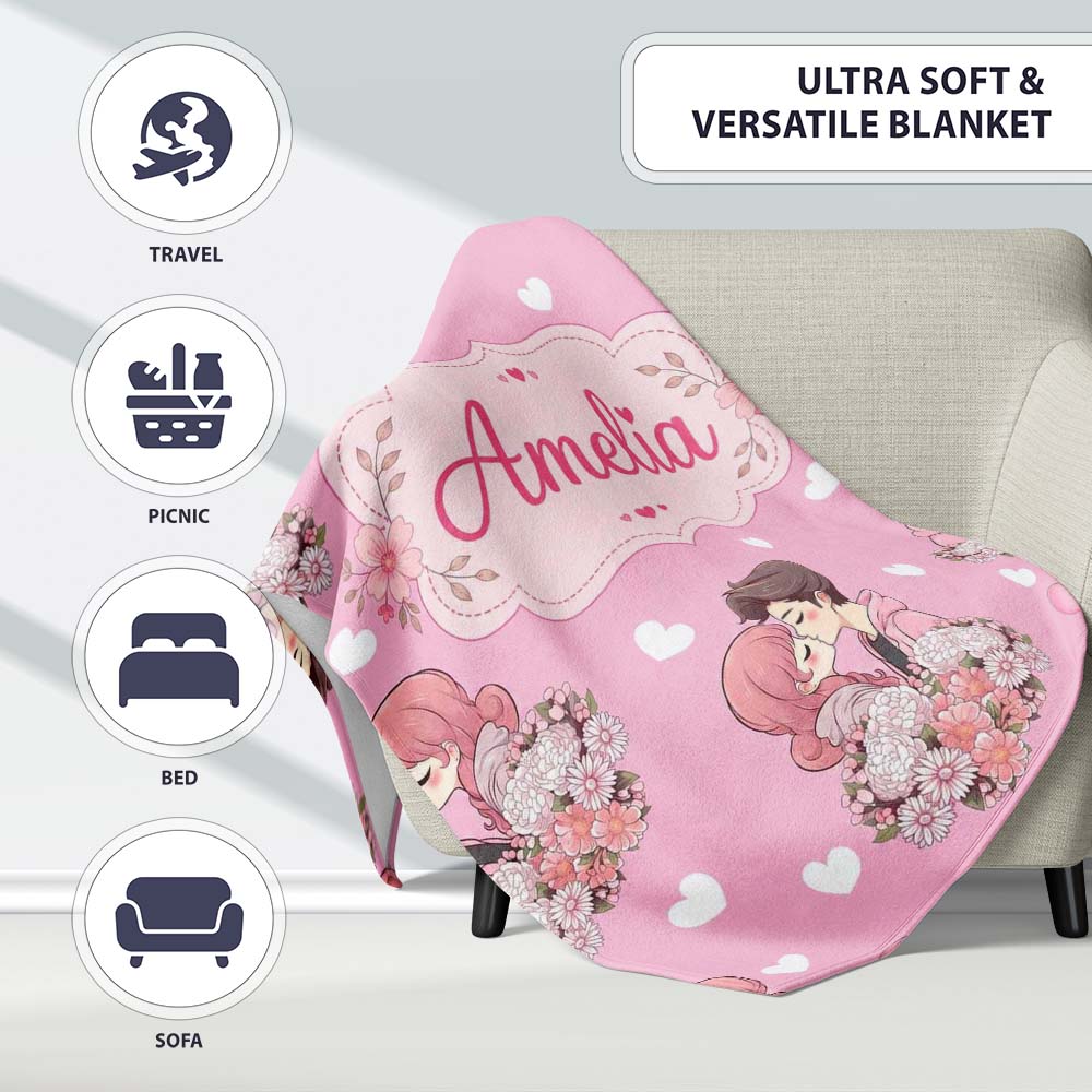 Cute Valentines Couple Kissing Floral Hearts Balloon Soft Pink  Personalised Custom Name Super Soft Fleece Blanket Bed Sofa Throw