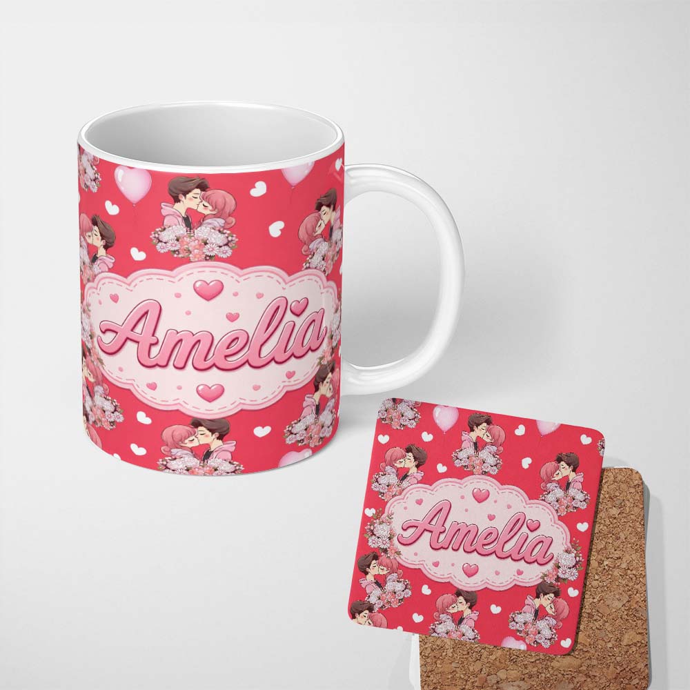 Personalized Custom Name Cute Valentines Couple Kissing Floral Hearts Balloon Red Background 11oz Ceramic Coffee Tea Mug White Large Handle