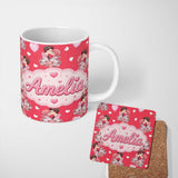 Personalized Custom Name Cute Valentines Couple Kissing Floral Hearts Balloon Red Background 11oz Ceramic Coffee Tea Mug White Large Handle