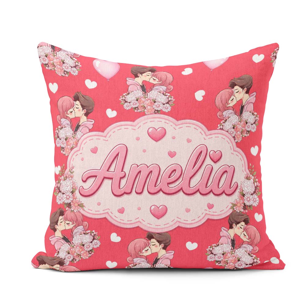 Custom Name Valentines Couple Kissing Floral Hearts Balloon Red Square Filled Cushion Throw Pillow Sofa Bed Home Decor Zip Washable UK Made