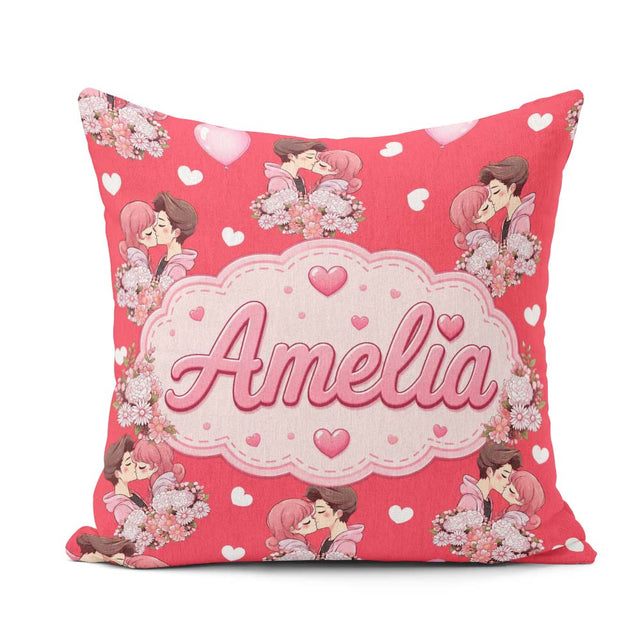 Custom Name Valentines Couple Kissing Floral Hearts Balloon Red Square Filled Cushion Throw Pillow Sofa Bed Home Decor Zip Washable UK Made