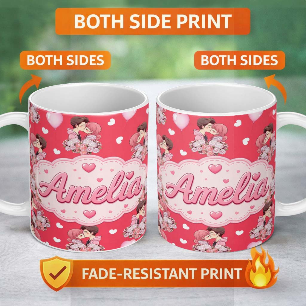 Personalized Custom Name Cute Valentines Couple Kissing Floral Hearts Balloon Red Background 11oz Ceramic Coffee Tea Mug White Large Handle