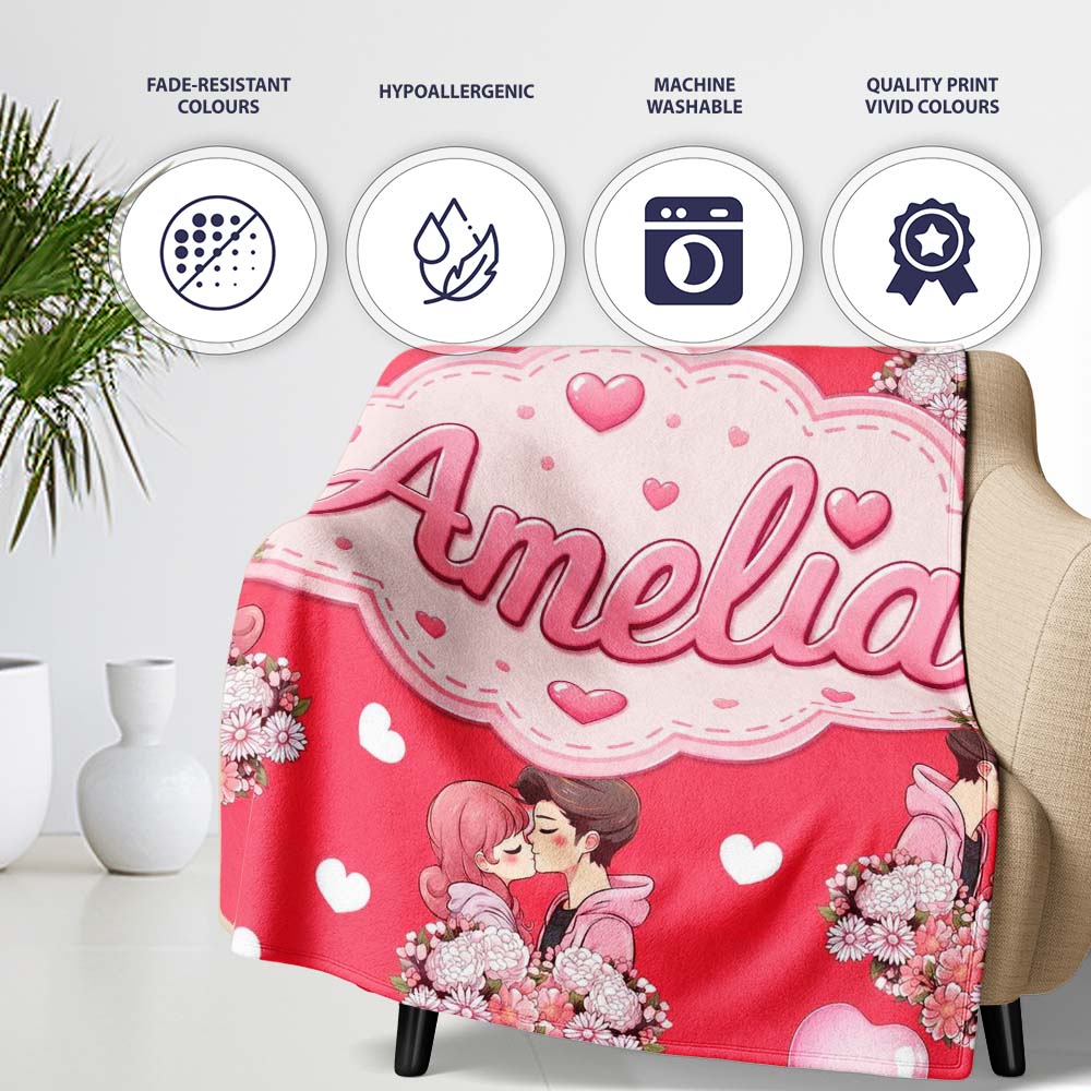 Cute Valentines Couple Kissing Floral Hearts Balloon Red Background  Personalised Custom Name Super Soft Fleece Blanket Bed Sofa Throw