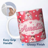 Personalized Custom Name Cute Valentines Couple Kissing Floral Hearts Balloon Red Background 11oz Ceramic Coffee Tea Mug White Large Handle
