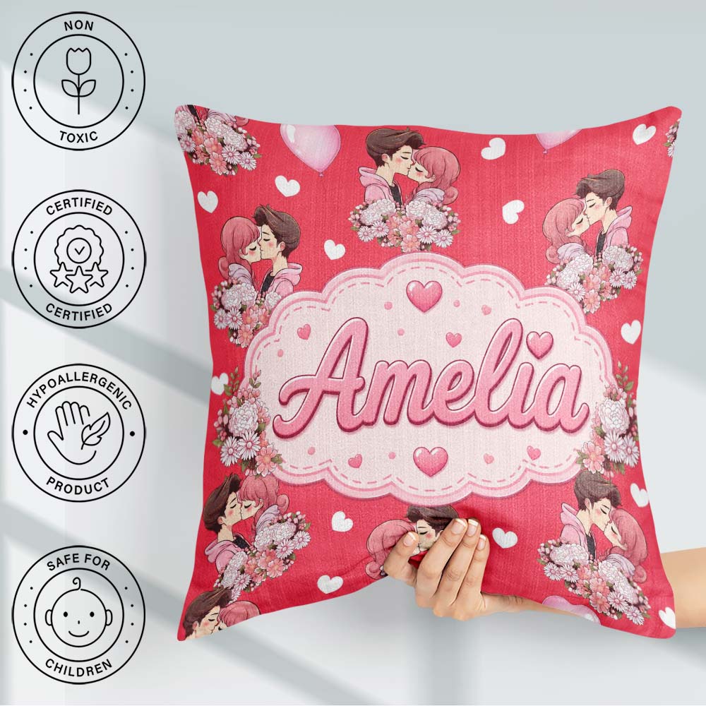 Custom Name Valentines Couple Kissing Floral Hearts Balloon Red Square Filled Cushion Throw Pillow Sofa Bed Home Decor Zip Washable UK Made