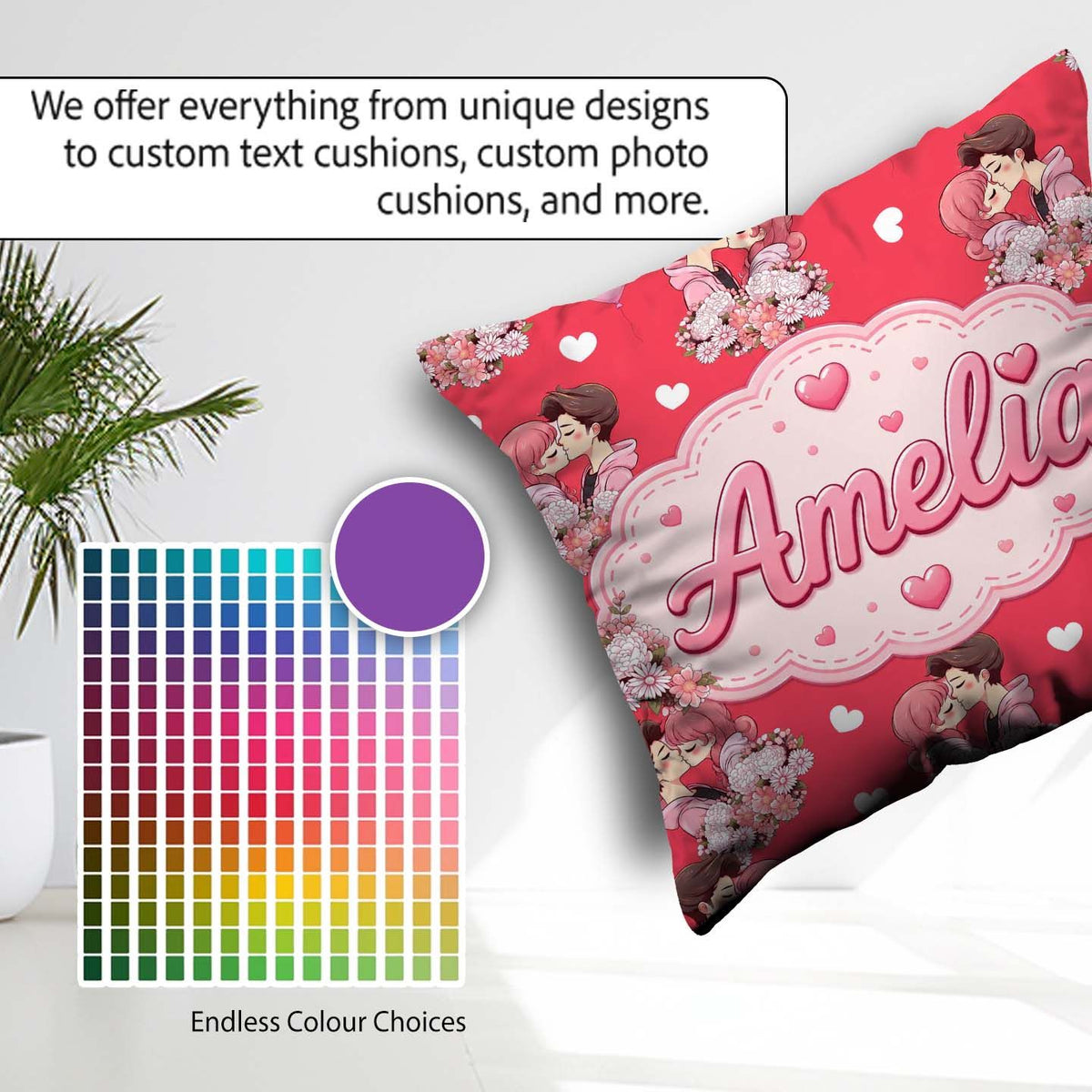 Custom Name Valentines Couple Kissing Floral Hearts Balloon Red Square Filled Cushion Throw Pillow Sofa Bed Home Decor Zip Washable UK Made