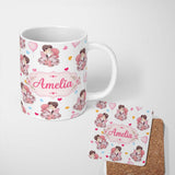 Personalized Custom Name Cute Valentines Couple Kissing Floral Hearts Balloon Grey 11oz Ceramic Coffee Tea Mug White Large Handle