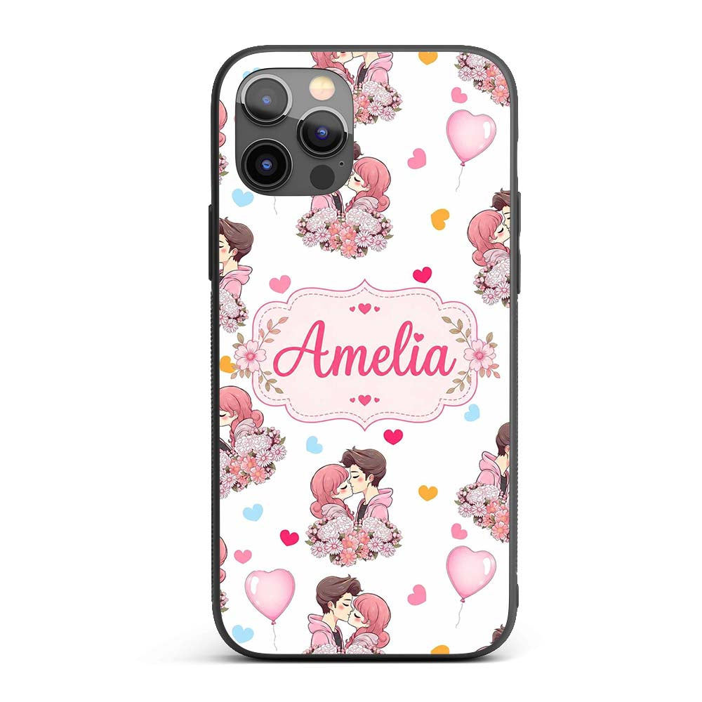 Cute Valentines Couple Kissing Floral Hearts Custom Name Protective Phone Case Mobile Cover Durable Everyday Smartphone Shock Resistant