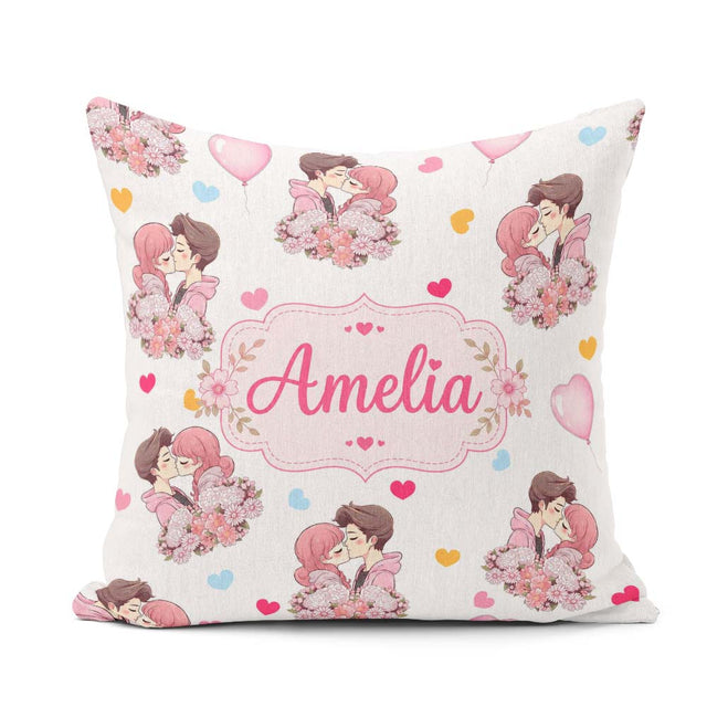 Custom Name Valentines Couple Kissing Floral Hearts Balloon Grey Square Filled Cushion Throw Pillow Sofa Bed Home Decor Zip Washable UK Made