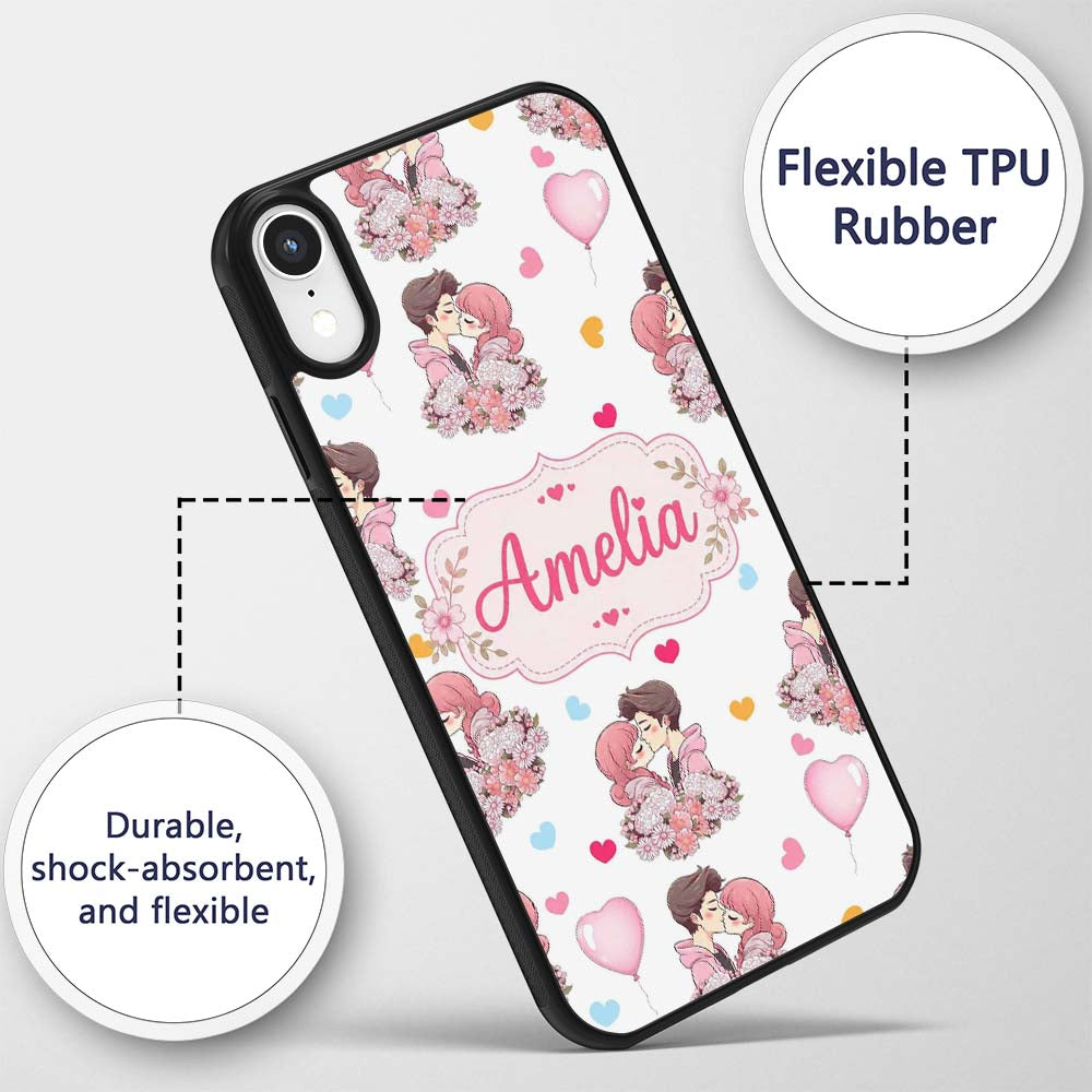 Cute Valentines Couple Kissing Floral Hearts Custom Name Protective Phone Case Mobile Cover Durable Everyday Smartphone Shock Resistant