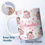 Personalized Custom Name Cute Valentines Couple Kissing Floral Hearts Balloon Grey 11oz Ceramic Coffee Tea Mug White Large Handle