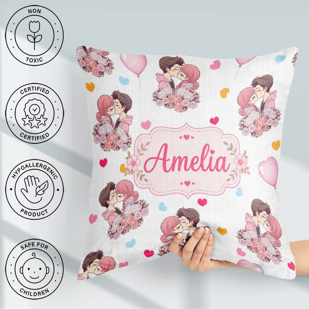 Custom Name Valentines Couple Kissing Floral Hearts Balloon Grey Square Filled Cushion Throw Pillow Sofa Bed Home Decor Zip Washable UK Made