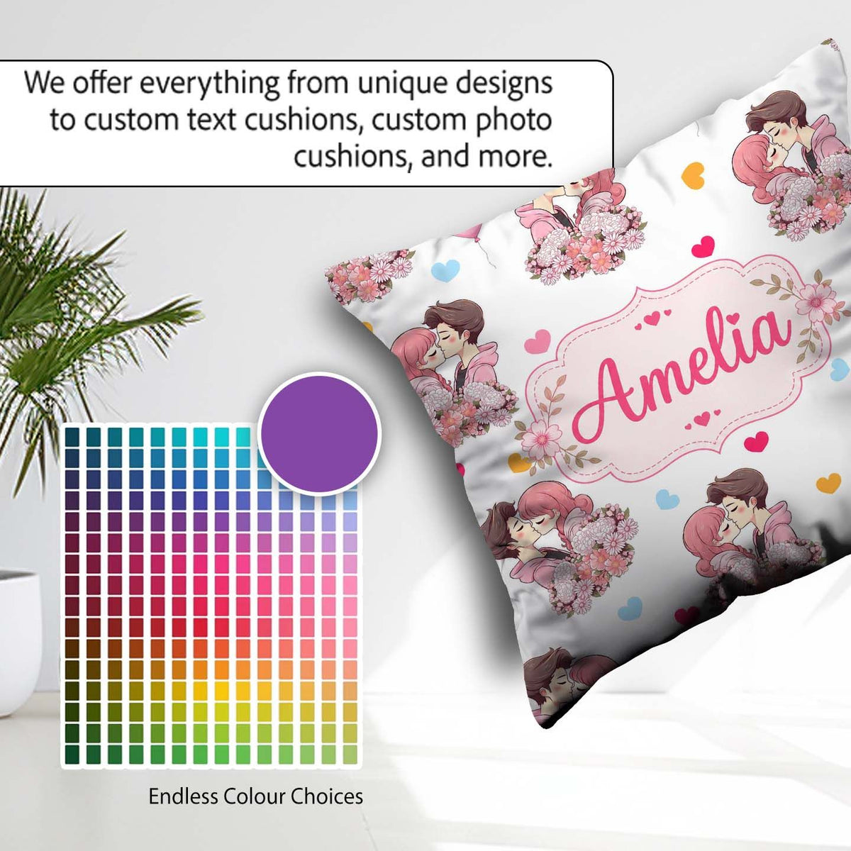 Custom Name Valentines Couple Kissing Floral Hearts Balloon Grey Square Filled Cushion Throw Pillow Sofa Bed Home Decor Zip Washable UK Made