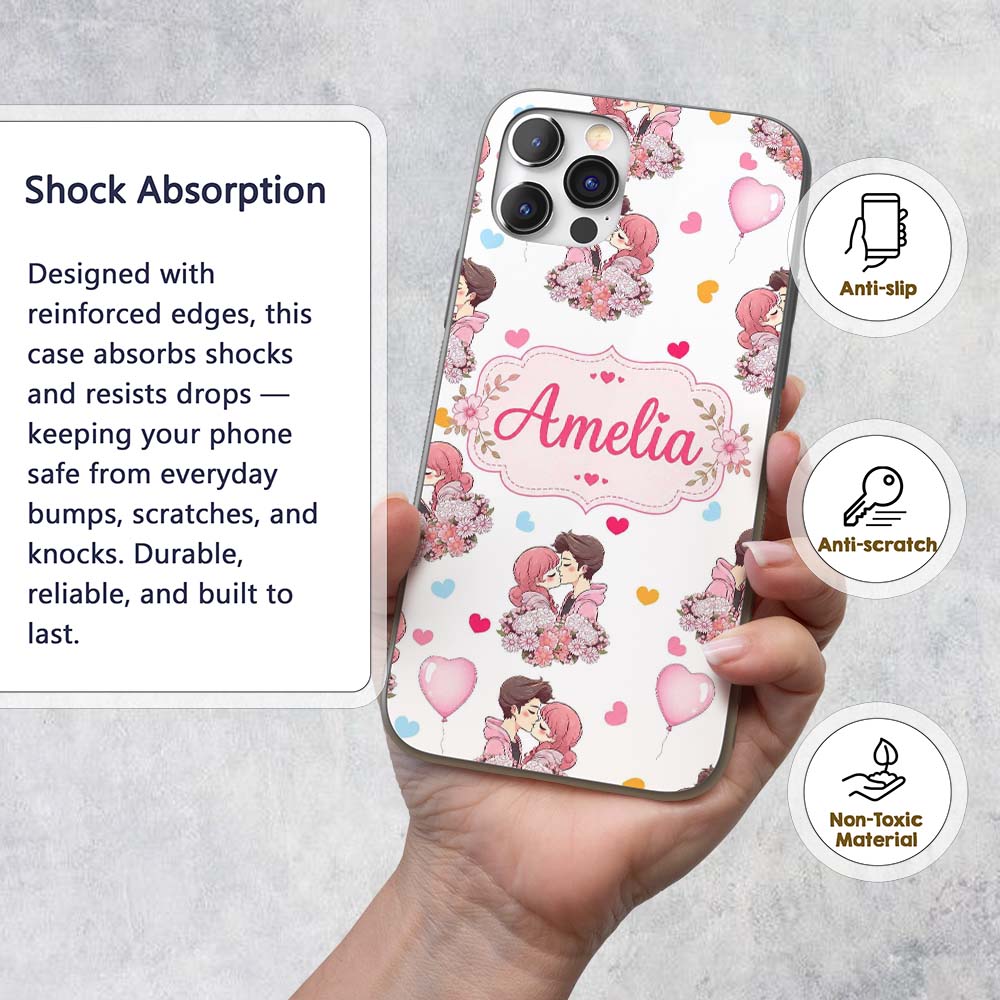 Cute Valentines Couple Kissing Floral Hearts Custom Name Protective Phone Case Mobile Cover Durable Everyday Smartphone Shock Resistant