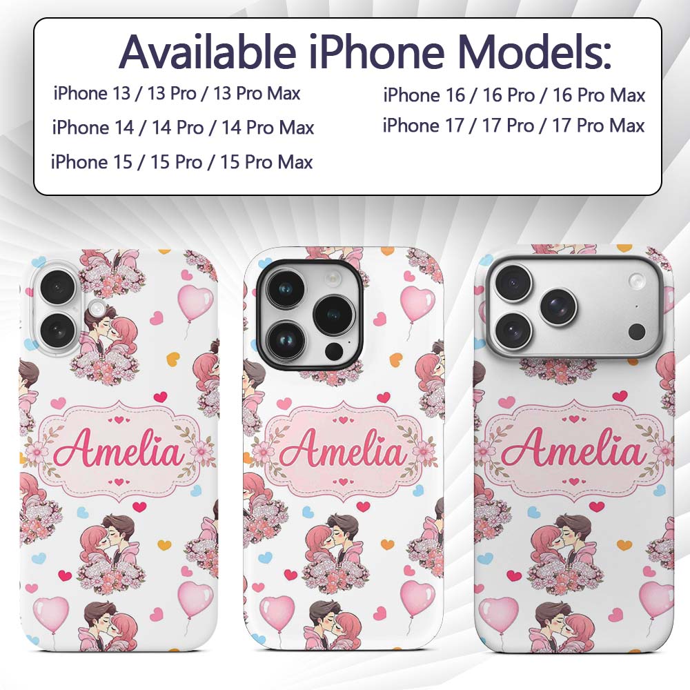 Cute Valentines Couple Kissing Floral Hearts Custom Name Protective Phone Case Mobile Cover Durable Everyday Smartphone Shock Resistant