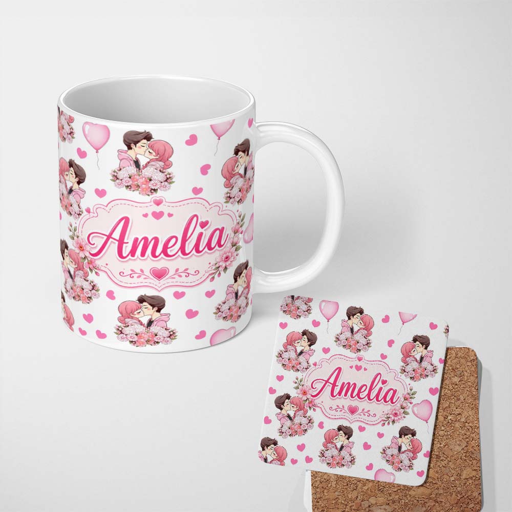 Personalized Custom Name Cute Valentines Couple Kissing Floral Hearts Balloon Light Grey 11oz Ceramic Coffee Tea Mug White Large Handle