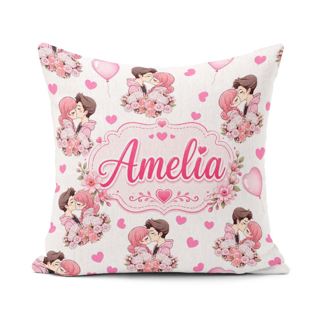 Custom Name Cute Couple Kissing Floral Hearts Balloon Light Grey Square Filled Cushion Throw Pillow Sofa Bed Home Decor Zip Washable UK Made